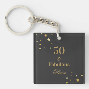 50 and Fabulous Black Golden Birthday Party Keychain