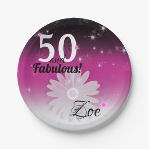 50 and Fabulous black, pink, and white with stars Paper Plate
