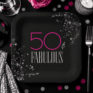50 and Fabulous Black Pink Glam Sparkle Birthday Paper Plate