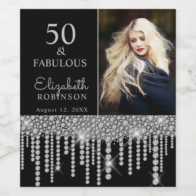 50 and Fabulous Black Silver Birthday Party Wine Label (Single Label)