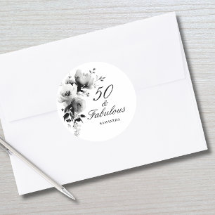 50 and Fabulous Black White Floral 50th Birthday  Classic Round Sticker