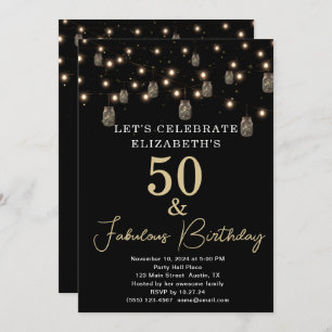 50 and Fabulous Black with String Lights Invitation