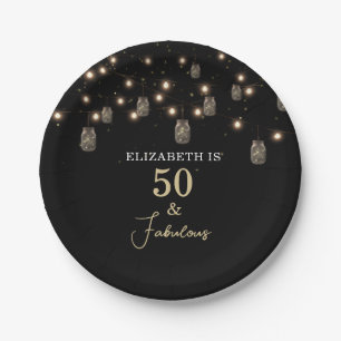 50 and Fabulous Black with String Lights Paper Plate