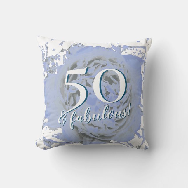 50 and Fabulous! Blue and White Peony Throw Pillow (Front)
