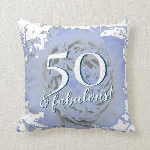 50 and Fabulous! Blue and White Peony Throw Pillow