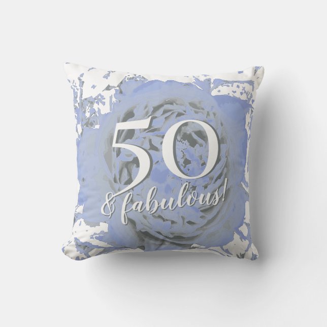 50 and Fabulous! Blue and White Peony Throw Pillow (Front)