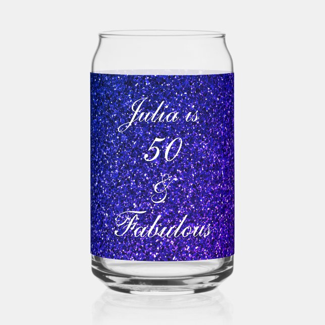 50 And Fabulous Blue Glitter Birthday Gift Favour Can Glass (Front)