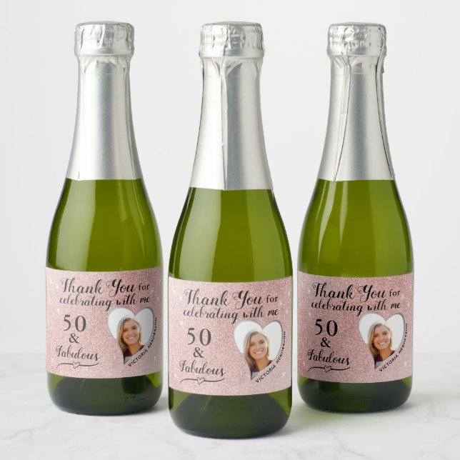 50 and Fabulous Blush Pink Birthday Favours Mini Sparkling Wine Label (Bottles)