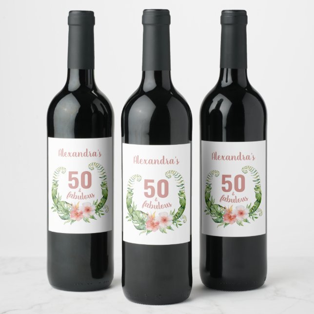 50 and fabulous blush pink modern personalized wine label (Bottles)