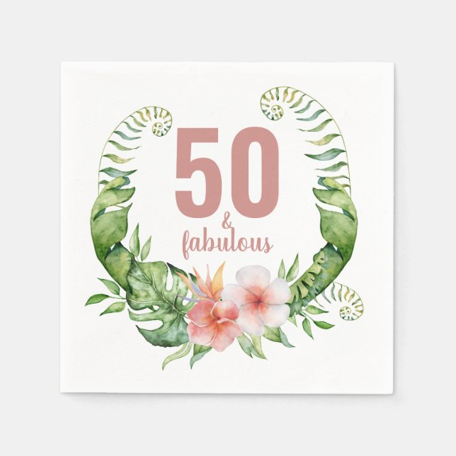 50 and fabulous blush pink script birthday party napkin (Front)