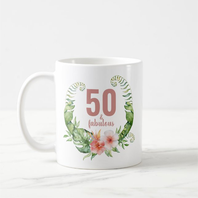 50 and fabulous blush pink script elegant birthday coffee mug (Left)