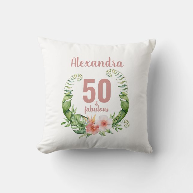 50 and fabulous blush pink script stylish birthday throw pillow (Front)