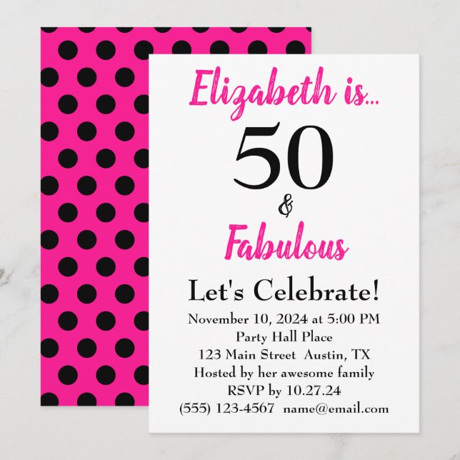 50 and Fabulous Bold Pink with Black Polka Dots Invitation (Front/Back)