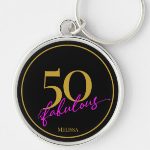50 and Fabulous Chic Black Gold and Pink Script Keychain
