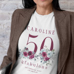 50 and fabulous chic floral 50th birthday party T-Shirt<br><div class="desc">Elegant feminine 50 and fabulous birthday party name personalized t-shirt with watercolor red burgundy and dusty blue flowers bouquets and a modern trendy typography script.</div>