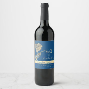 50 and Fabulous Classic Blue and Gold Rose Flower Wine Label