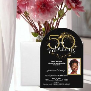 50 and Fabulous Customized Single Photo Black Gold Acrylic Invitations