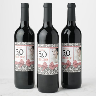 50 and fabulous damask and bow birthday party wine label