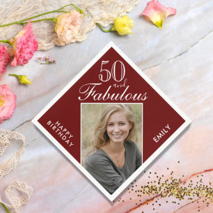 50 and Fabulous Dark Red Photo 50th Birthday  Napkin