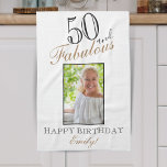 50 and Fabulous Elegant 50th Birthday Photo Kitchen Towel<br><div class="desc">50 and Fabulous Elegant 50th Birthday Photo kitchen towel. Elegant script in black and golden colours. Add your name and photo.</div>