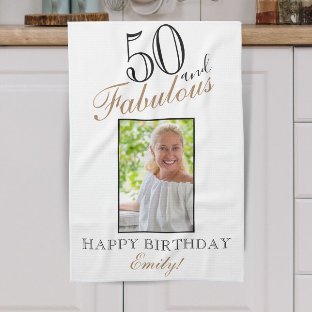 50 and Fabulous Elegant 50th Birthday Photo Kitchen Towel (Creator Uploaded)