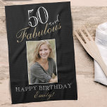 50 and Fabulous Elegant 50th Birthday Photo  Kitchen Towel<br><div class="desc">50 and Fabulous Elegant 50th Birthday Photo kitchen towel. Elegant script in white and golden colours. Add your name and photo.</div>