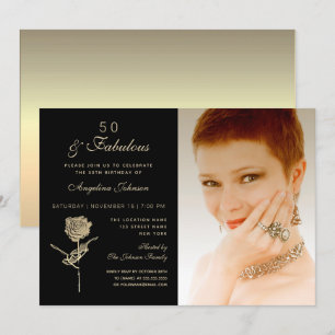 50 and Fabulous , Elegant Black Gold Floral Photo Invitation
