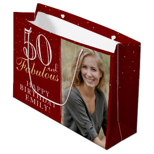 50 and Fabulous Elegant Red 50th Birthday Photo Large Gift Bag