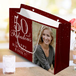 50 and Fabulous Elegant Red 50th Birthday Photo Large Gift Bag<br><div class="desc">50 and Fabulous Elegant Red 50th Birthday Photo Gift Bag. 50 and fabulous text in trendy script with a name on a red background. Personalize it with your photo,  name and the age. It`s a great personalized photo gift bag for a woman`s birthday.</div>