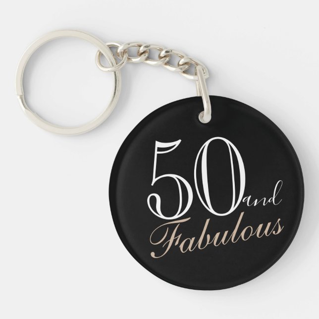 50 and Fabulous Elegant Script Black 50th Birthday Keychain (Front)