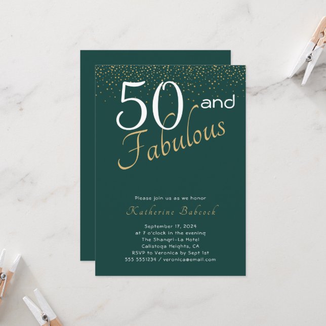 50 and Fabulous Emerald Green Gold 50th Birthday  Invitation (Front/Back In Situ)