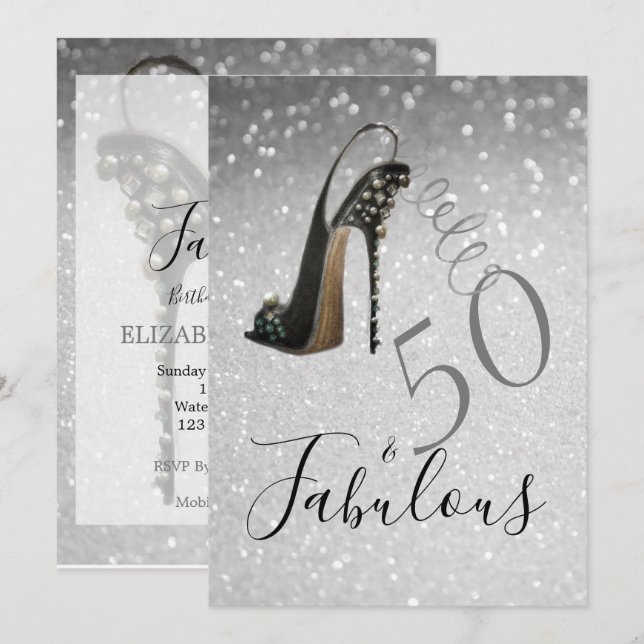 50 and Fabulous Fiftieth Elegant Glitter Silver Invitation (Front/Back)