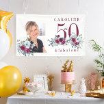 50 and fabulous floral photo 50th birthday party banner<br><div class="desc">Elegant feminine 50 and fabulous birthday party photo and name personalized banner with watercolor red burgundy,  dusty blue roses bouquets,  and a modern trendy typography script.</div>