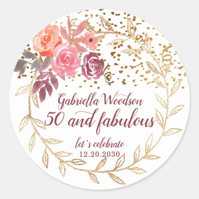 50 And Fabulous Floral Pink Marsala Glitter Classic Round Sticker (Front)