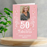 50 and Fabulous Foliage Pink Photo 50th Birthday Card<br><div class="desc">50 and Fabulous Foliage Pink Photo 50th Birthday Card. 50 and fabulous text in trendy white script with a name and white foliage on a pink background. Personalize it with your photo,  your name and the age. Add your text inside the card or erase it.</div>