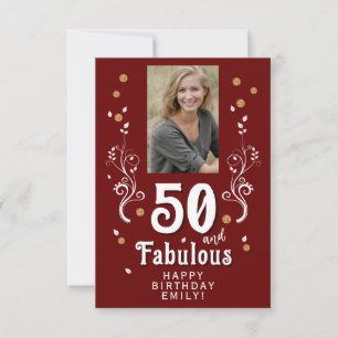 50 and Fabulous Foliage Red 50th Birthday Photo Card