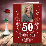 50 and Fabulous Foliage Red 50th Birthday Photo Card<br><div class="desc">50 and Fabulous Foliage Red 50th Birthday Photo Card. 50 and fabulous text in trendy white script with a name and white foliage on a dark red background. Personalize it with your photo,  your name and the age. Add your text inside the card or erase it.</div>