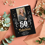 50 and Fabulous Foliage Red 50th Birthday Photo Card<br><div class="desc">50 and Fabulous Foliage Red 50th Birthday Photo Card. 50 and fabulous text in trendy white script with a name and white foliage on a black background. Personalize it with your photo, your name and the age. Add your text inside the card or erase it. It`s a great sign and...</div>
