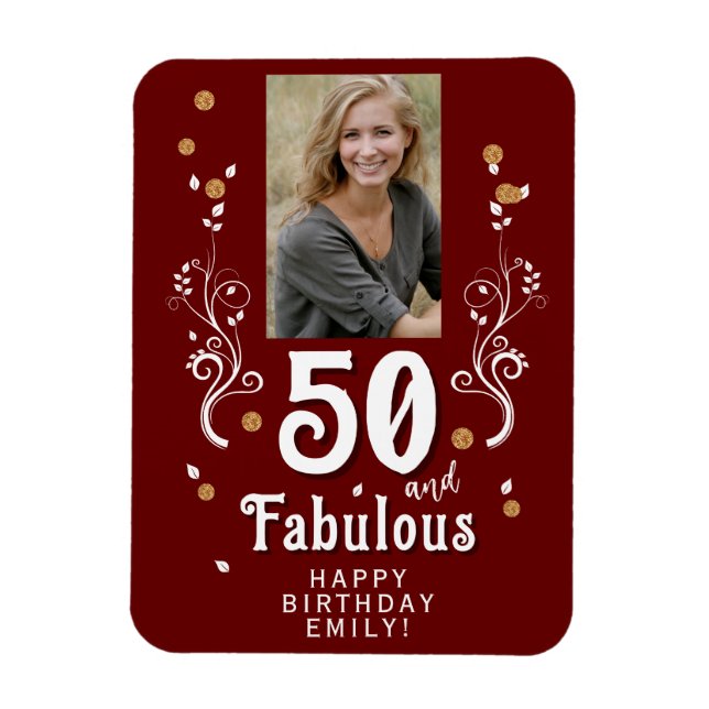 50 and Fabulous Foliage Red 50th Birthday Photo Magnet (Vertical)