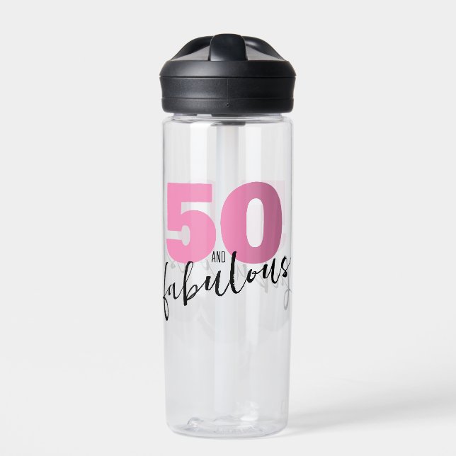 50 and fabulous gift 50th Birthday Pink Water Bottle (Front)