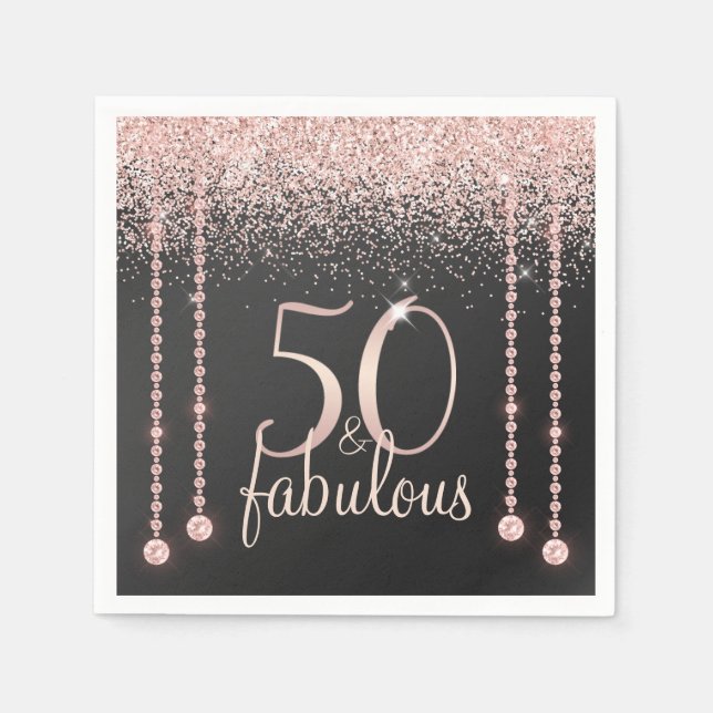 50 and Fabulous Girly Rose Gold Glitter Diamond Napkin (Front)