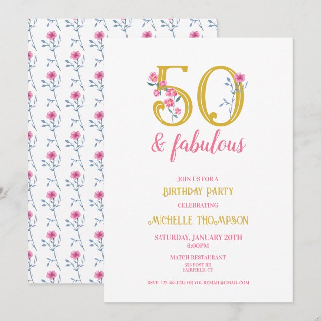 50 and Fabulous Gold and Pink Floral Classic Invitation (Front/Back)