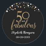 50 and fabulous gold black confetti 50th birthday classic round sticker<br><div class="desc">Make it easy to label gifts,  giveaways,  envelopes for  her 50th birthday celebration. "50 and fabulous" gold text with gold and white confetti on black. Personalize with the birthday celebrant's name and golden birthday party date.</div>