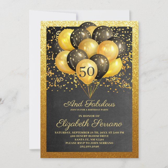 50 And Fabulous Gold Black Glitter Invitation (Front)