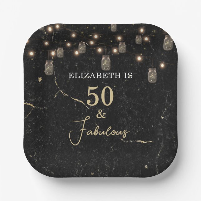 50 and Fabulous Gold Black Marble Mason Jar Lights Paper Plate (Front)