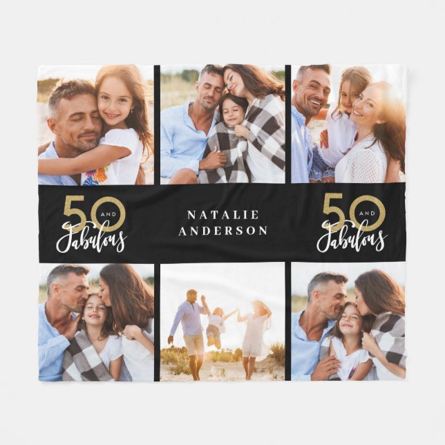 50 and fabulous gold black photo birthday fleece blanket (Front (Horizontal))