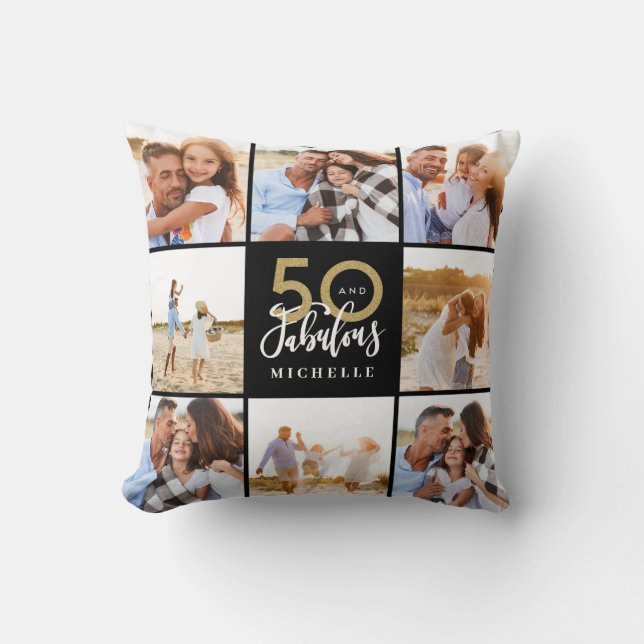 50 and fabulous gold black photo birthday  throw pillow (Front)