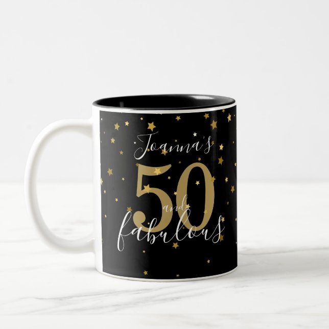 50 and Fabulous Gold Black Script 50th Birthday Two-Tone Coffee Mug (Left)