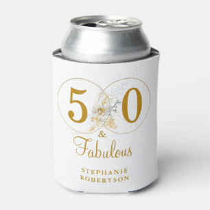 50 and Fabulous Gold Floral Script Birthday Can Cooler
