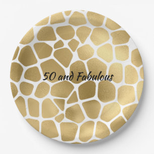 50 and Fabulous Gold Giraffe Print Abstract Paper Plate